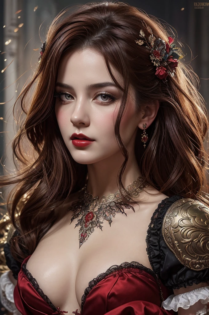 Neo-Baroque, victorian era hungarian female xix century female, hazel hair, red lips, pretty features, Wadim Kashin, James Gurney, Ink, splash art", amazing beauty, Royo, Bak, hyperdetailed Splash artmodern European ink paintingornate and elaborate, dynamic, Neo-Baroque