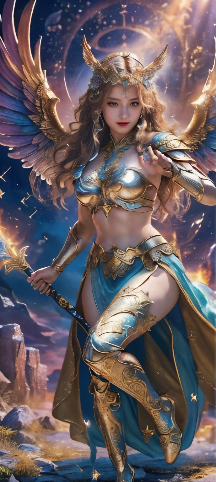 ((masterpiece:1.3, realistic, photo-realistic:1.35, 8k,12k, high-quality, ultra detailed)),a woman with wings and a cape is holding a sword, as a mystical valkyrie, extremely detailed artgerm, mystical atlantean valkyrie, anime goddess, mystical valkyrie, angel knight girl, angelic golden armor, epic fantasy art style uhd, goddess of light, fantasy art behance, goddess. extremely high detail, epic fantasy digital art style, 8k fantasy art, ((fix the details of this girl's fingers again!!!, make sure five fingers for each hand!!!!, Fix the gestures of the eyes again))