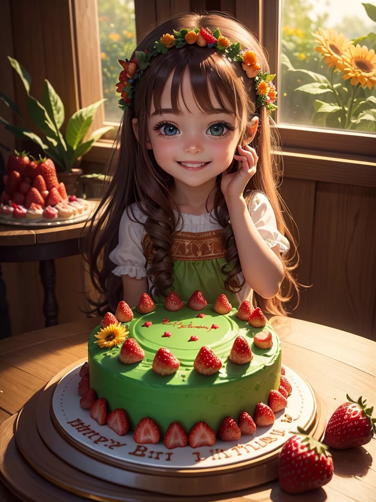 Best picture quality, detailed eyes, long eyelashes, fairy tale world, large decorated cake with lots of strawberries and fruit on it, laughing little 5 year old girl eating cake, smiling happily, best smile, very pretty and innocent girl, long chestnut hair, surprisingly very large round green glowing eyes, lively birthday party, orange summer flowers blooming outside the window,