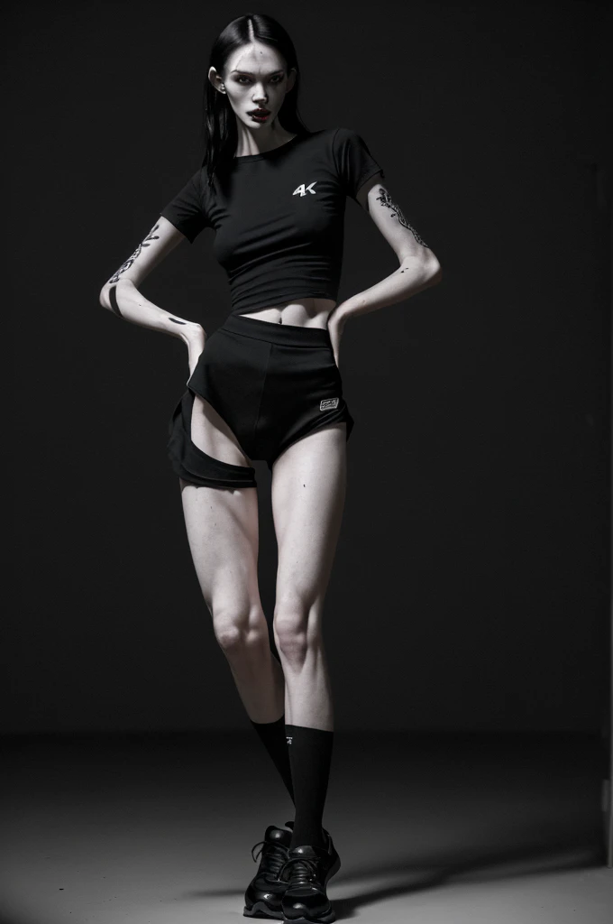 a very thin woman with visible bones, pale white skin, sweaty body, wearing tight black shorts, black half-body shirt, wearing black shoes, full body view, tattoo, (best quality,4k,8k,highres,masterpiece:1.2),ultra-detailed,(realistic,photorealistic,photo-realistic:1.37),dramatic lighting,chiaroscuro,cinematic,dark moody atmosphere