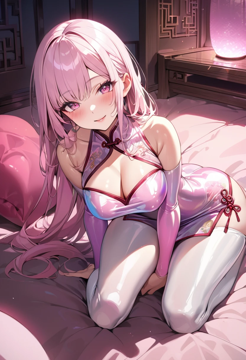 Young beautiful woman,(Highest quality,Extremely detailed depiction,Incredibly absurd high resolution,Anatomically accurate depiction,Curvy Legs),(Glowing Skin,Shiny skin),((Cheongsam made of strong shiny latex fabric)),Rainbow gradient sleeves,Intricate and gorgeous embroidery,White pantyhose,accessories,See-through,eyelash,eye shadow,Glowing pink eyes,There is cleavage in the chest,Glossy Lips,Shadowed face,A seductive smile,whole body,blush,forward leaning posture,background:Chinese style bedroom at night,Pink light,From above:1.1,