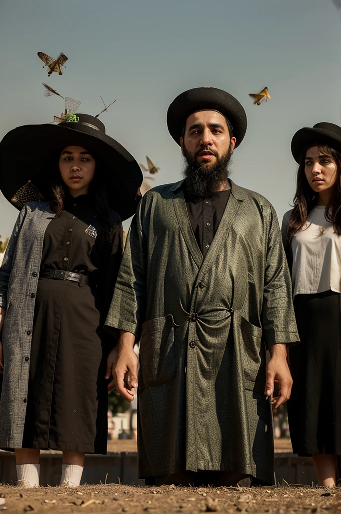 Twelve ultra-Orthodox Jewish people are scared and there are grasshoppers in their eyes and they are standing in front of three giant Gentiles who are as tall as the sky
