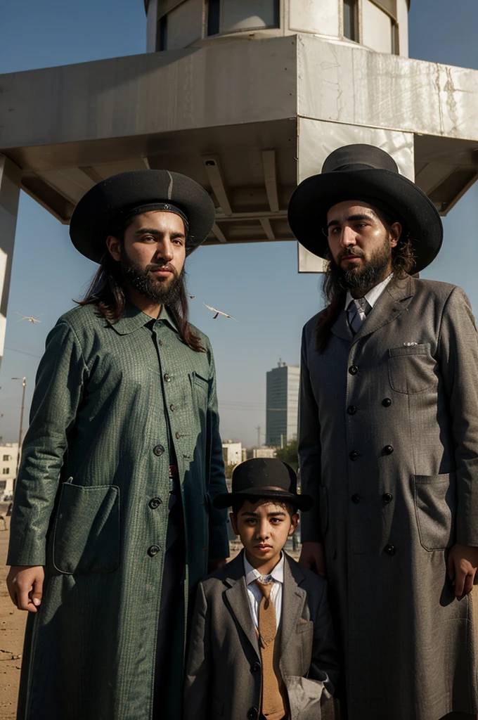 Twelve ultra-Orthodox Jewish people are scared and there are grasshoppers in their eyes and they are standing in front of three giant Gentiles who are as tall as the sky