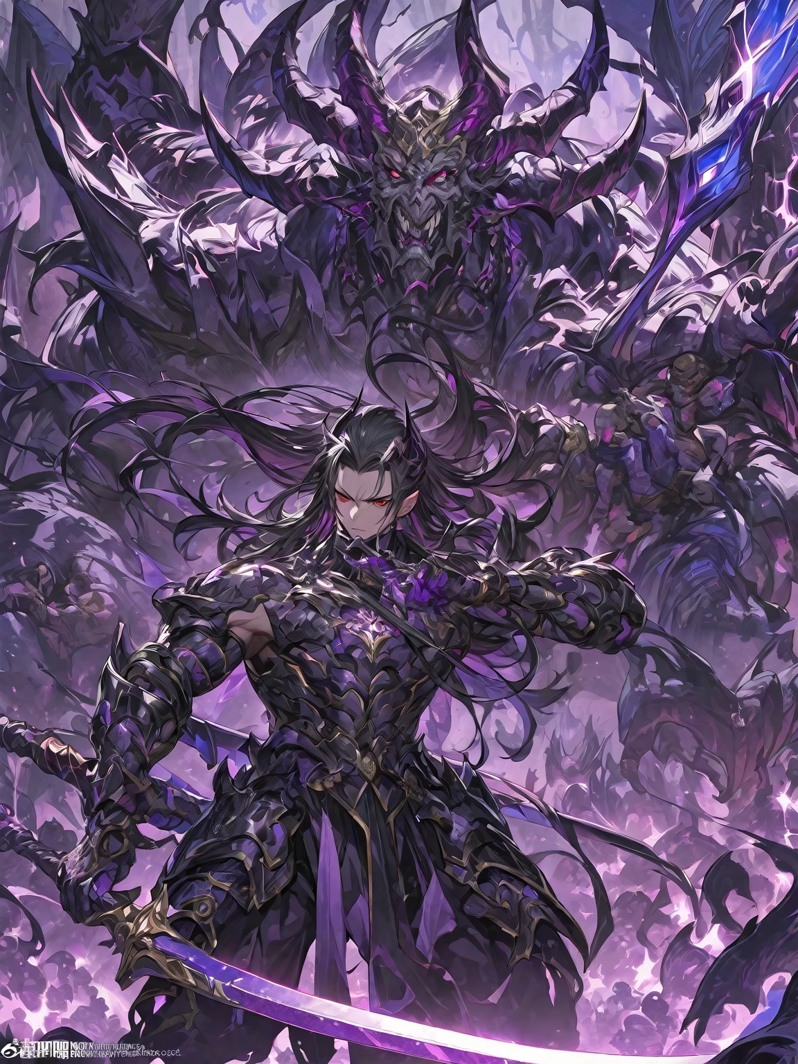 Best quality 8K resolution, Highly detailed, Digital Painting, Concept art, of the highest quality, One, beautiful, 1 man, adult man, with a relief body, V-shaped shoulders, he is in a fighting pose, He’s in dark complex large-child armor with sharp angular designs luminous purple accents emanating from the armor slots, black demonic horns, long hair, black hair, purple with red eye tones, a man has a huge and long sword in his hand, Against the background of 100 corpses