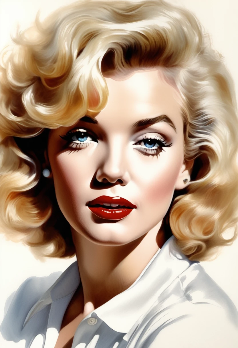 (MarilynMonroe)drawing of the face of a 35 year old woman,short curly blonde hair,white satin shirt