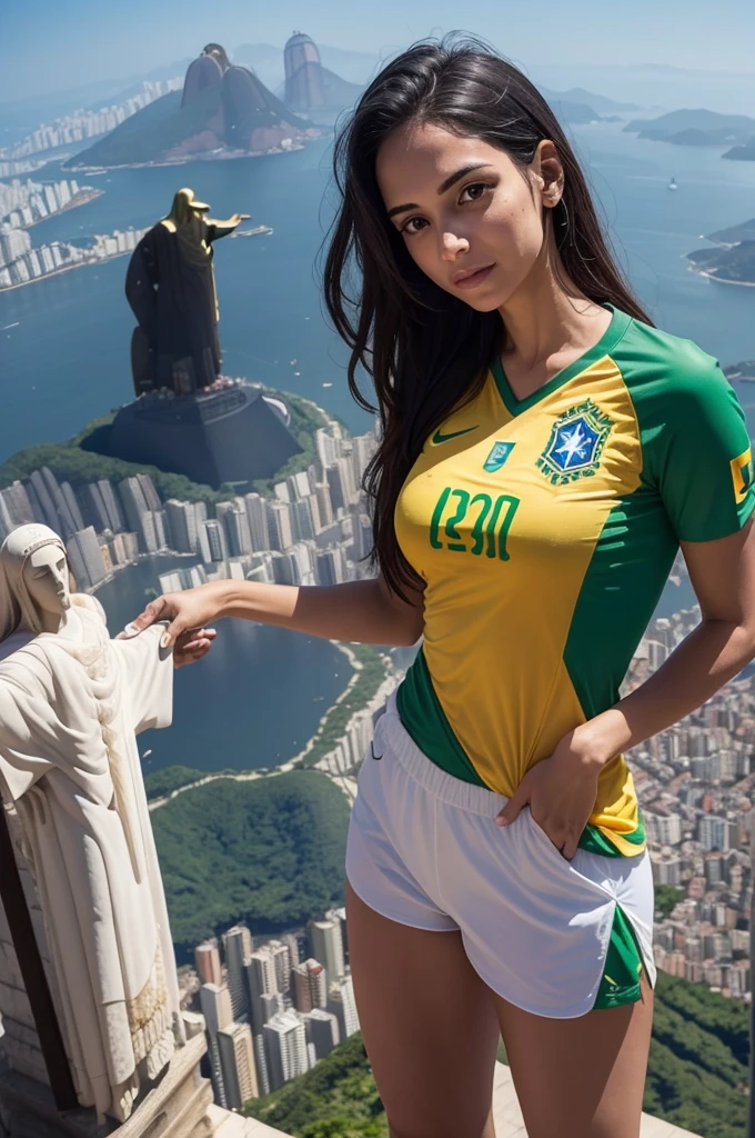 woman with brazil shirt ( above the left arm of Christ the Redeemer)