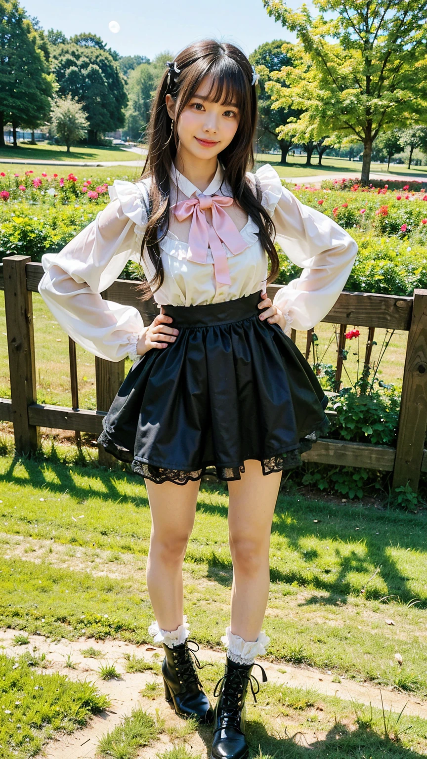 (8K、RAW Photos、Highest quality、masterpiece:1.2)、(Highest quality、Realistic)、1 Girl、((ribbon、Sweater Moon Costume、See-through、Frills、Big Breasts、Breast enlargement、smile、pink、and black、Lace cloak、mini skirt、Thin legs、whole body、boots、garden、View from the front、Looking into the camera、Idol Costume、Stand with hands on hips))、cute