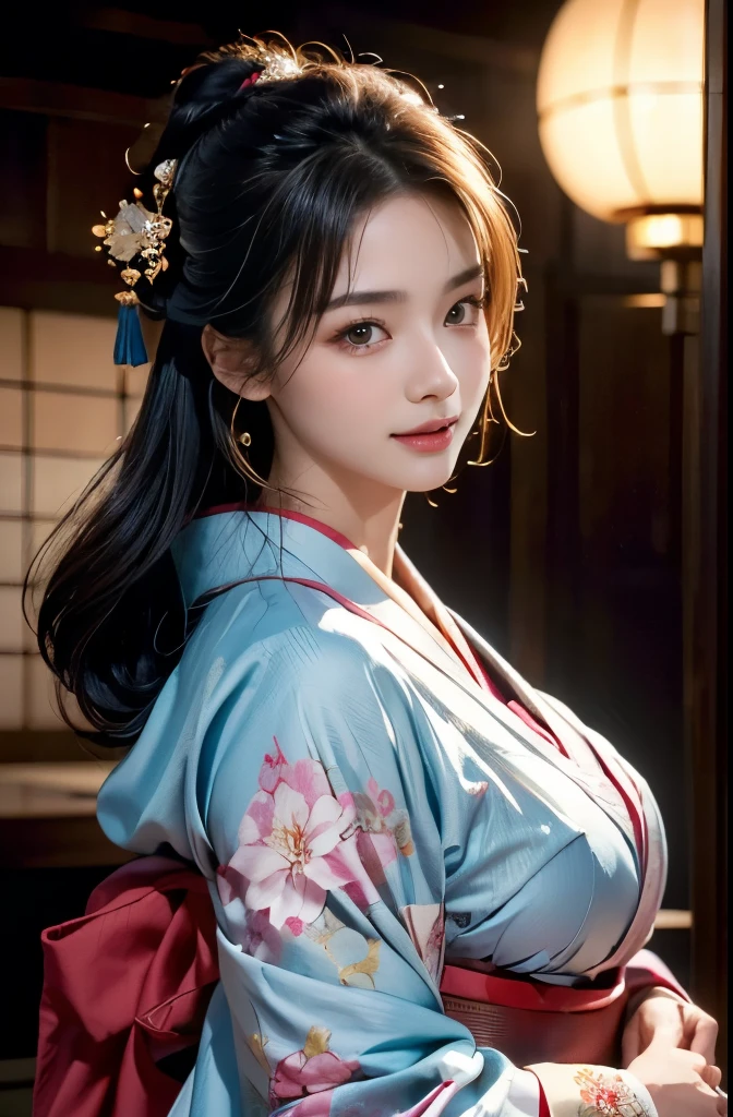 ((Highest quality, 8k Raw Photo:1.5, masterpiece: 1.3)), Sharp focus: 1.2, (Super beautiful face: 1.0), (Shiny skin: 1.0), Realistic photos, Ultra high definition, Black Hair, Realistic students, Enchanted smile, Cinema Lighting, Highly detailed eyes and face, Soft lips,Beautiful, silky skin,Soft skin texture,Cinema Lighting, (Cowboy Shot: 1.0), (kimono, In the same way, heart: 1.15), Beautiful breasts, (Cute Japanese Actress), sexy, Originally, classic kimono,