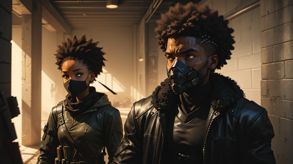  In a gritty post-apocalyptic world, an Afro-American survivor dons a sleek black stealth gear, blending seamlessly into the shadows