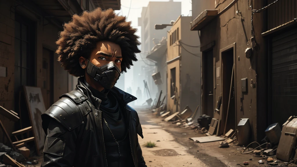  In a gritty post-apocalyptic world, an Afro-American survivor dons a sleek black stealth gear, blending seamlessly into the shadows