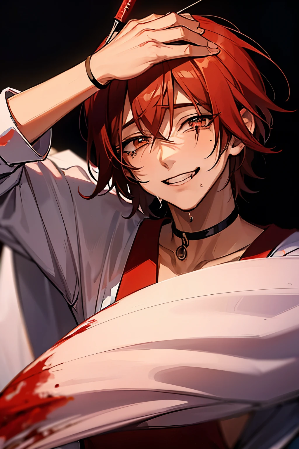 Male anime character, 18 year old man, anime character crying, anime character holding a knife above his head, he smiles sadistically, blood runs down his body, the blood on his face mixes with his tears