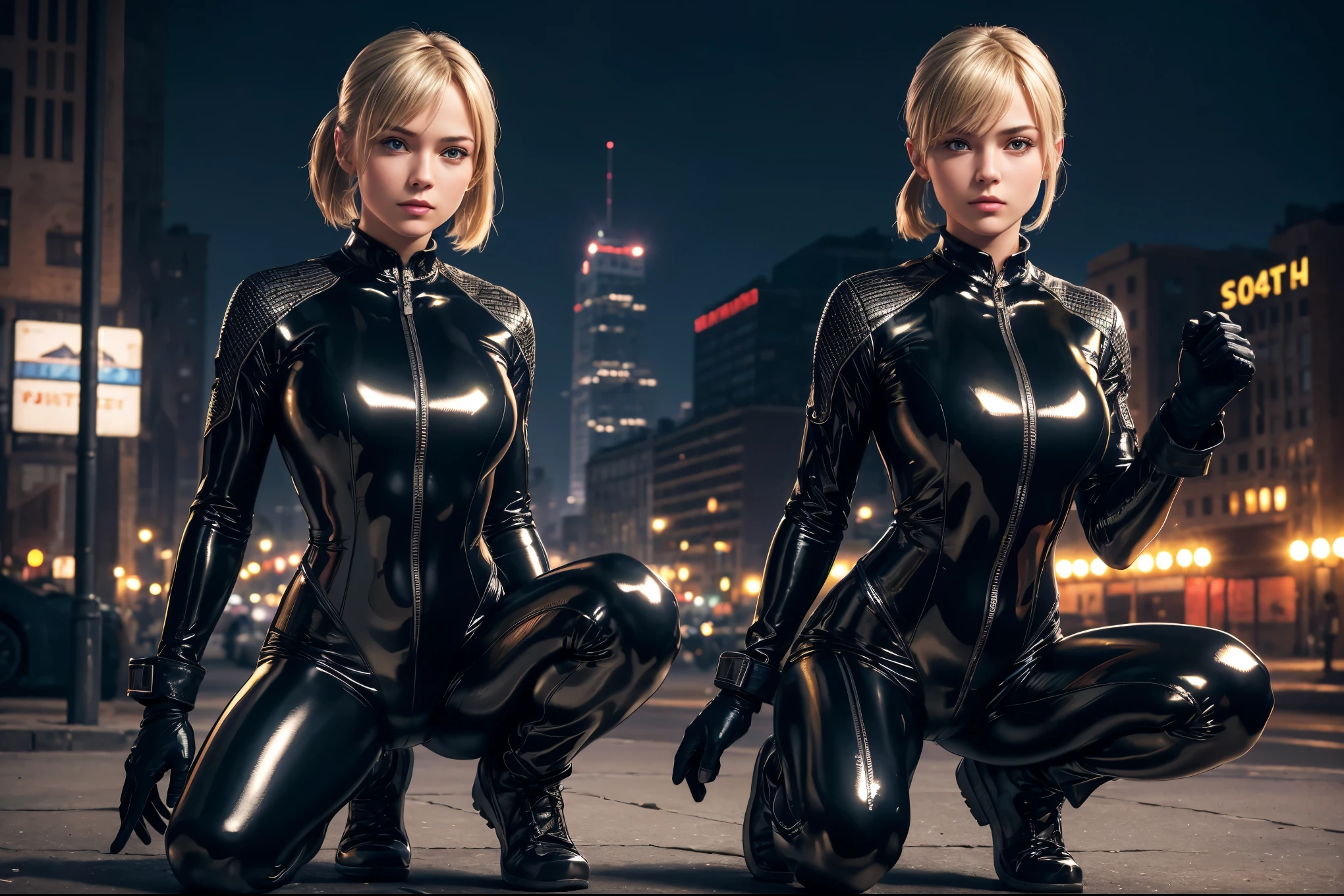 (best quality,4K,8k,high resolution,masterpiece:1.2),Ultra-detailed,(realistic,photorealistic,photo-realistic:1.37), RUSSIAN female fighter with slim physique and small face, cute, 2 girls, 18 years old, Kneeling pose, BLONDE LONG BOB CUT with ponytails hair, shiny black tight-fitting combat latex suit with enamel finish, tight suit, gloves, Steel city background, night lighting