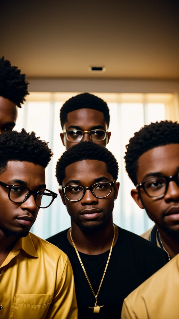 group of young black men with gold diamonds glasses , 4:3, photo 12k resolution hash flash lighting, shot on ALEXA 65, Velvia 100 , underexposed, Voigtlnder Nokton 50mm f1.1, in the style of Martin Nikon Z 8 with Zoom Lens | with 24-120mm