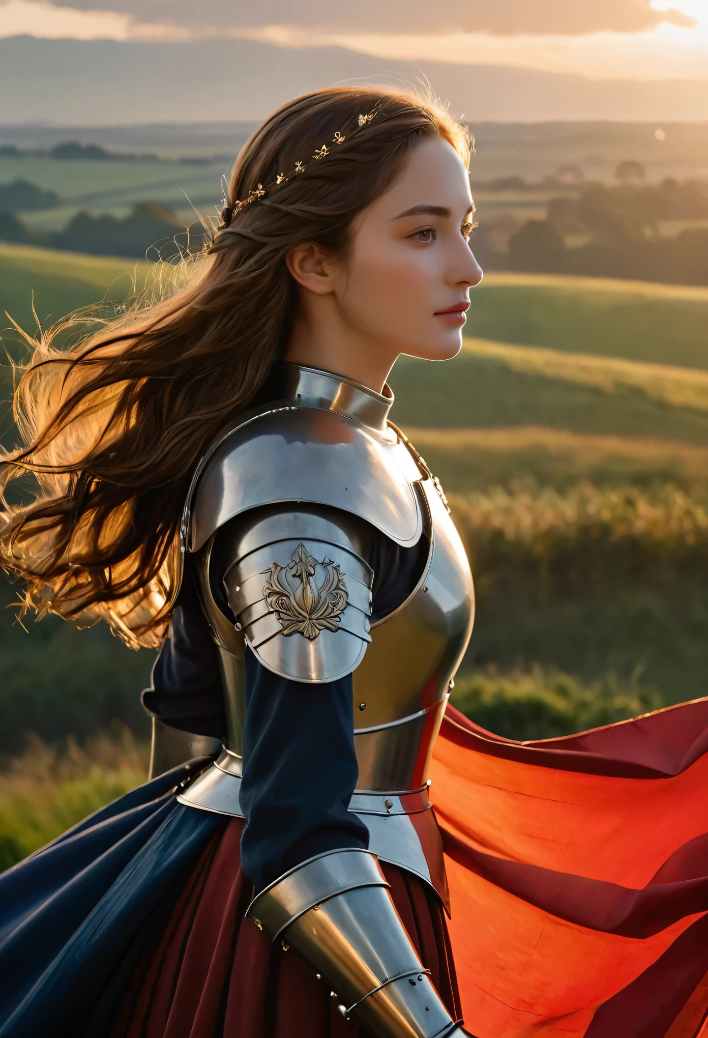 (best quality, 4k, 8k, highres, masterpiece:1.2), ultra-detailed, (realistic, photo realistic,photo-realistic:1.37),
Joan of Arc stands in a serene moment of contemplation, her delicate features framed by the soft, golden light of dawn. Her face is youthful and serene, with high cheekbones, gentle eyes that convey both vulnerability and unwavering faith, and lips that form a slight, determined smile. There is a subtle, almost otherworldly glow to her skin, emphasizing her divine inspiration.
Her long, wavy hair, the color of chestnut, cascades down her back, free from the confinement of a helmet. A few loose strands gently flutter in the breeze, adding to her ethereal appearance. She is dressed in a simple yet elegant suit of armor, its polished surface reflecting the morning light. The armor, though functional, is beautifully crafted, with delicate engravings of lilies and religious symbols that speak to her holy mission.
In one hand, she holds a slender, elegant sword, its blade shining with an inner light. The sword is both a weapon and a symbol of her divine purpose. In her other hand, she lightly grasps a banner, the flag of France, its fabric gently waving in the soft breeze. The banner is pristine, its vibrant colors a stark contrast to the somber tones of the battlefield in the distance.
Joan stands on a hill overlooking the battlefield, a look of serene determination on her face. The landscape around her is tranquil, with the early morning mist rising from the ground and the first rays of sunlight breaking through the clouds. In the background, the distant sounds of battle are muted, creating a poignant contrast between the chaos of war and the calm resolve of this young heroine.