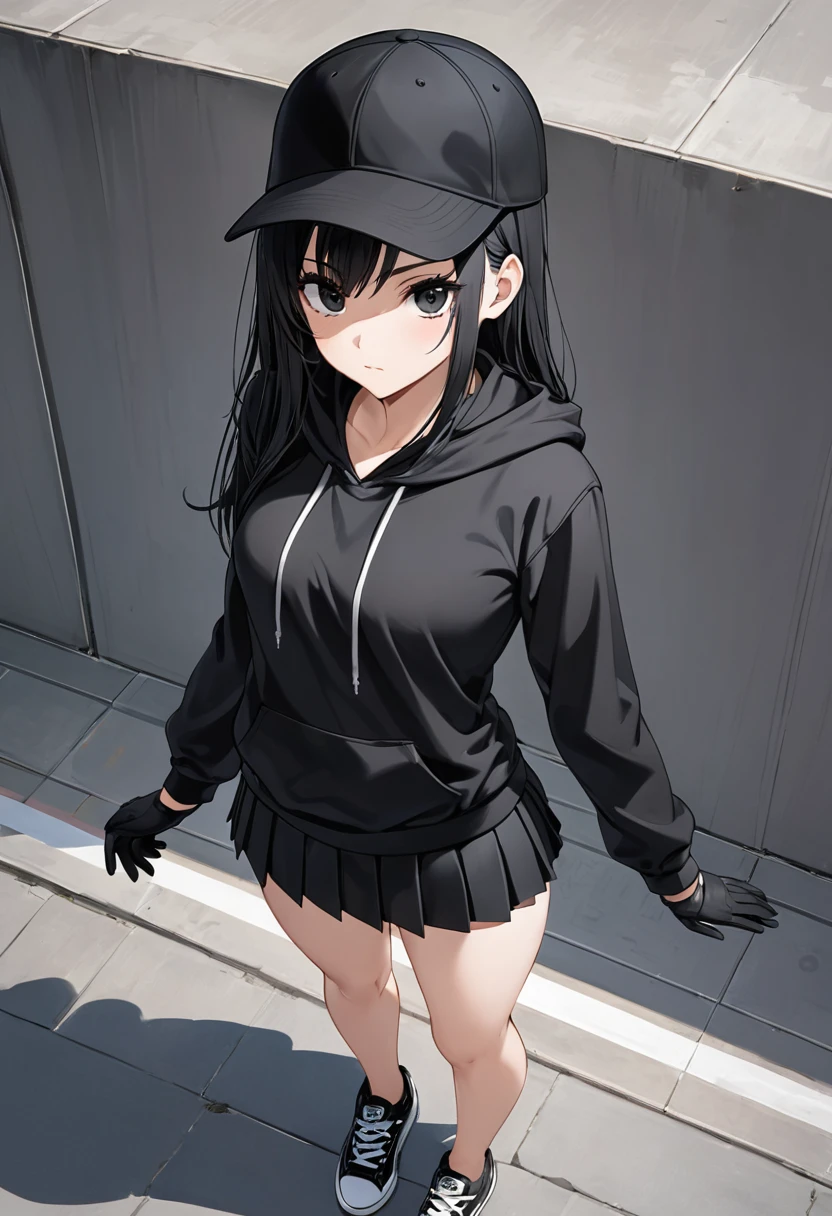 Black miniskirt , Black sneakers , Black hoodie , pleated skirt , whole body , thighs , black hair , black eyes , straight hair , black ball cap , long sleeves , bare legs , View from above , Black gloves , standing posture