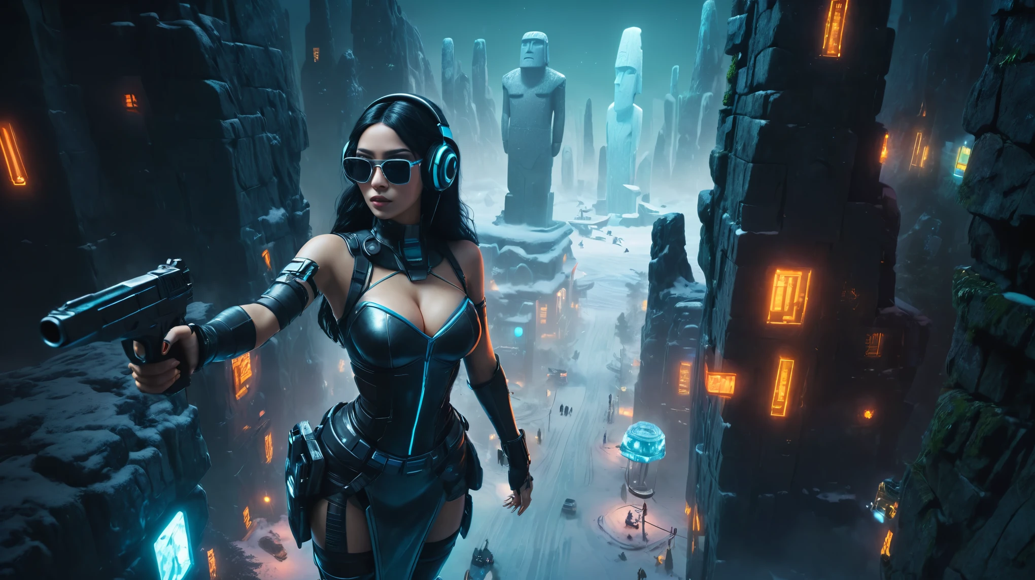 At night, dark sky, distant shot aerial view of fantasy cyberpunk style ice ((Moai-statue)) city in forest, ((flying vehicle)). ((1girl, solo, alone)), medium-breast:1.1 slim body, cleavage, sexy clothes, (headphone, black sunglasses, long black realistic hair), (((hip-up standing and holding pistol))), half-body thigh level medium shot, cinematic lighting.