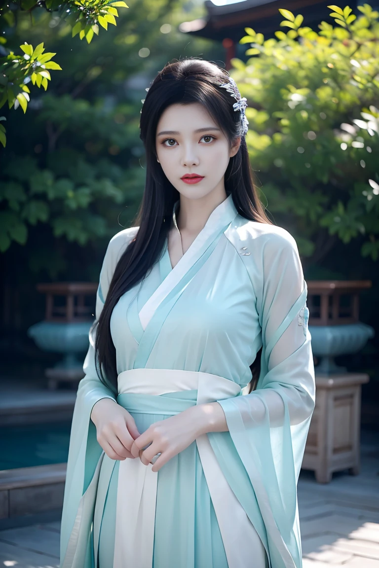 Arav woman in white dress standing in front of tree, A painting inspired by Gu An, Unsplash, realism, White Hanfu, Hanfu, palace ， Girl wearing Hanfu, flowing white robe, Wearing Chinese clothes, flowing white robe, Wearing Chinese clothing, Chinese traditional clothing, Wearing a white robe, Wearing a white robes