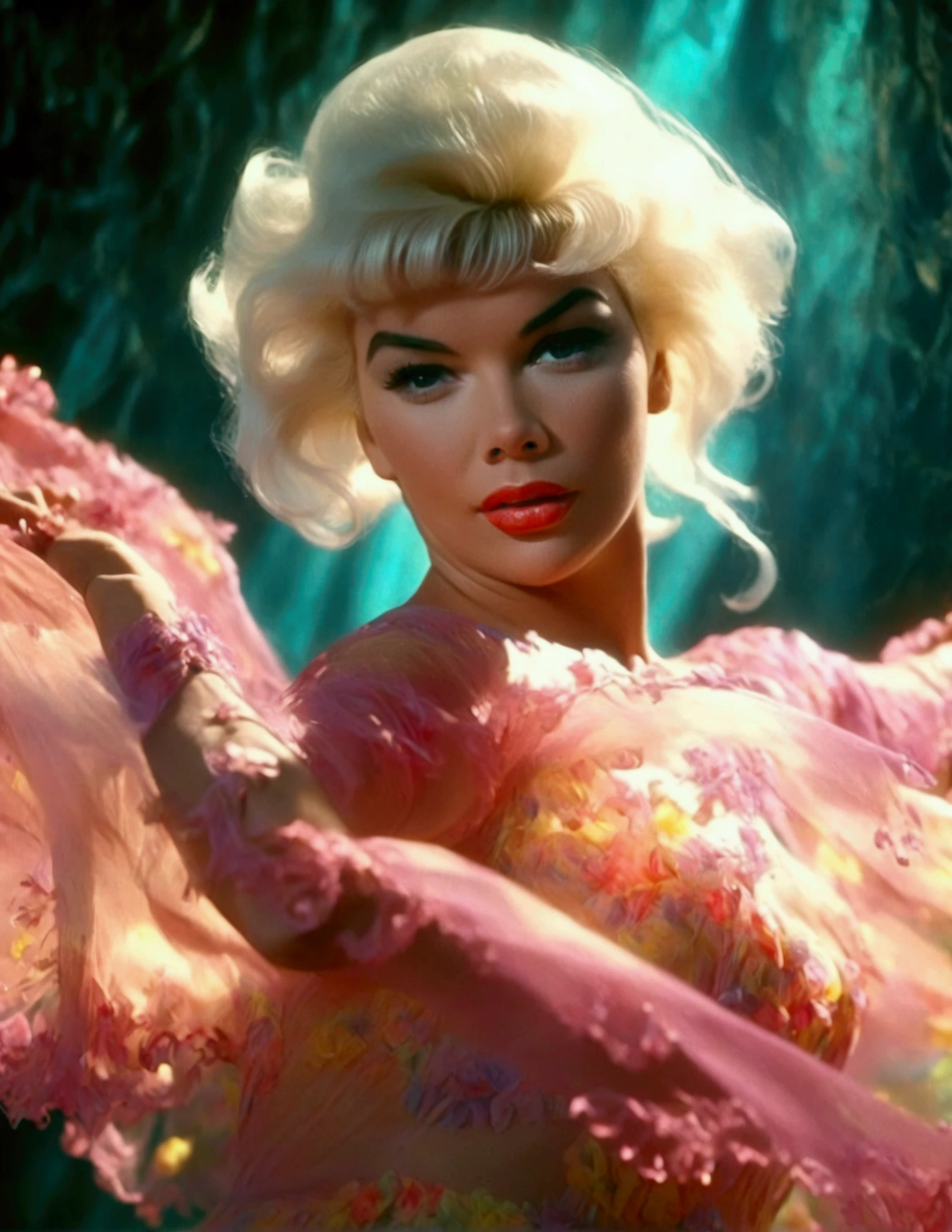 a beautiful woman (Jayne Mansfield, age 25, young and vibrant), dancing, colorful sheer dress, flowing, spinning, no underwear, well-lit stage, stunning performance, extremely detailed, high quality, 8k, photorealistic, vibrant colors, dramatic lighting, elegant movement, graceful poses, beautiful facial features, full body shot, prime lens, soft depth of field, professional photography