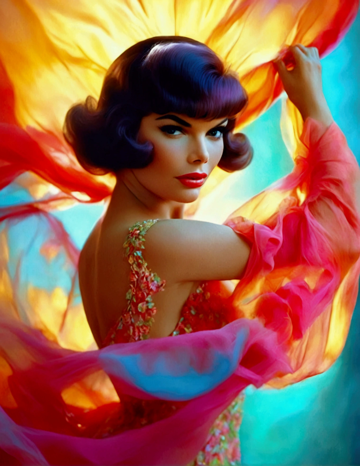 a beautiful woman (Jayne Mansfield, age 25, young and vibrant), dancing, colorful sheer dress, flowing, spinning, no underwear, well-lit stage, stunning performance, extremely detailed, high quality, 8k, photorealistic, vibrant colors, dramatic lighting, elegant movement, graceful poses, beautiful facial features, full body shot, prime lens, soft depth of field, professional photography