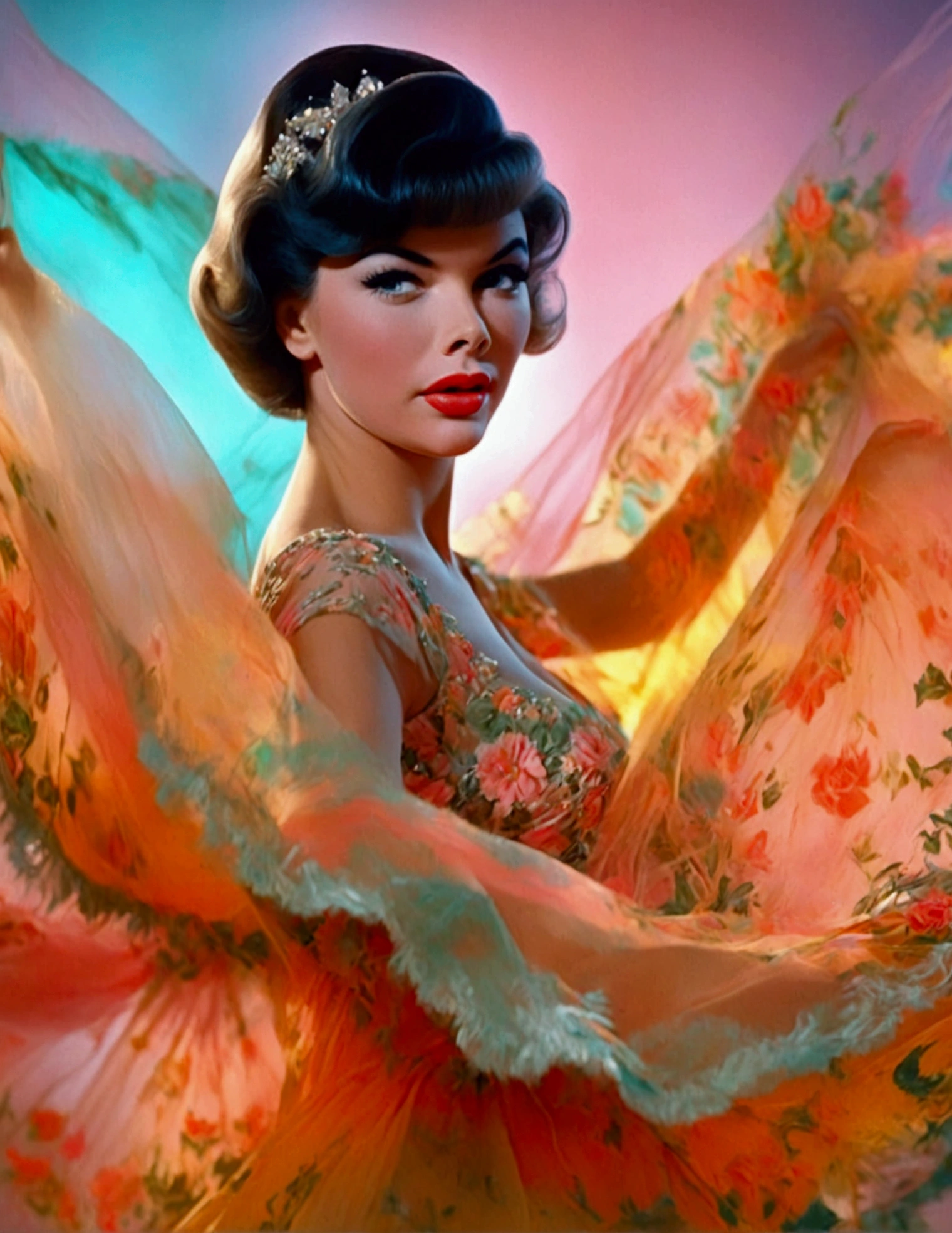 a beautiful woman (Jayne Mansfield, age 25, young and vibrant), dancing, colorful sheer dress, flowing, spinning, no underwear, well-lit stage, stunning performance, extremely detailed, high quality, 8k, photorealistic, vibrant colors, dramatic lighting, elegant movement, graceful poses, beautiful facial features, full body shot, prime lens, soft depth of field, professional photography
