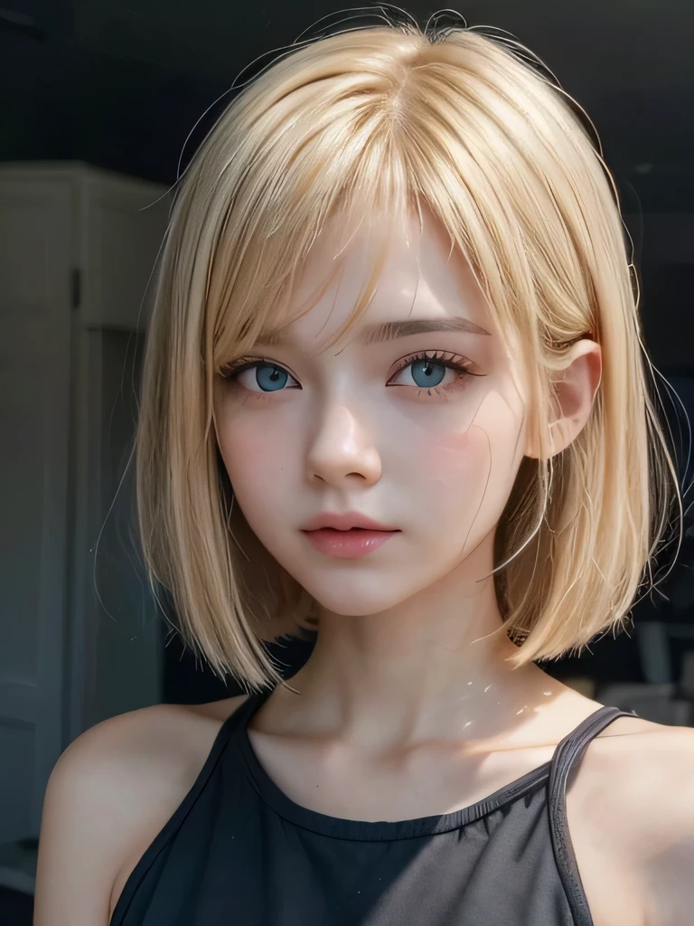 A girl with short, straight, straight bob-style blonde hair ((good quality)) ((1womanl))