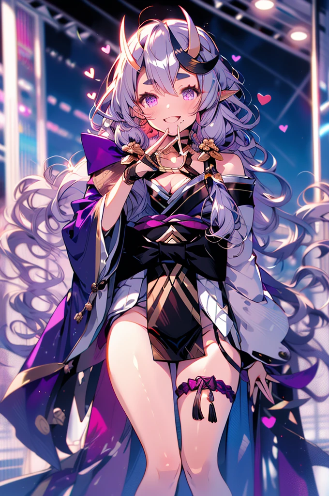 (full body),masterpiece, Highest quality, High resolution, Amikoto, Low twin tails, Crescent moon hair ornament, bow, Purple ribbon, Short eyebrows, tooth, Off the shoulder, Purple kimono, Short kimono, Cleavage, heart, sash, Thigh straps, Cowboy Shot, smile, Open your mouth, Reaching out, Sitting