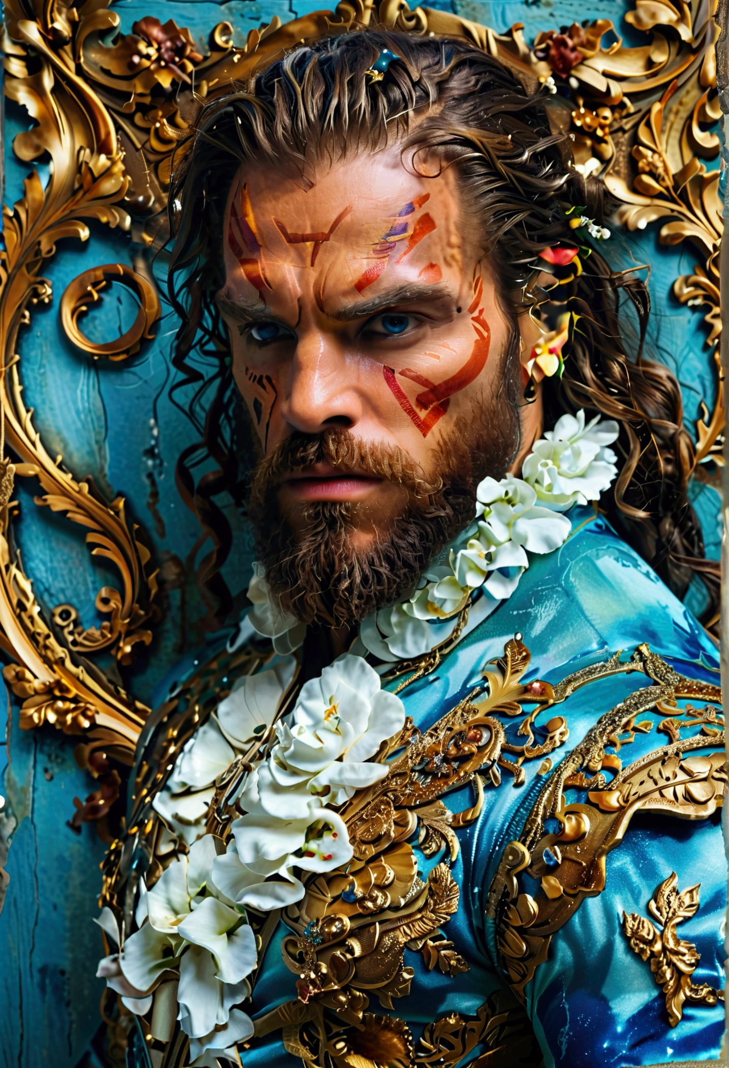a detailed and elegant rococo style oil portrait of a beautiful "Highly detailed, hyper-realistic digital portrait of an aquaman kratos hulk fusion, 20k hd cinematic portrait, highly detailed masterpiece, iridescent glow, ultra photo realistic." with fluid and piercing blue eyes, delicate facial features, wearing an ornate pastel blue dress decorated with golden details, intricate lace patterns and floral embellishments, contrasting with a golden ornate baroque style - background framed by spiral patterns and textures, high quality , photorealistic, 4k, (best quality, 4k, 8k, high resolution, masterpiece: 1.2), ultra-detailed, (realistic, photorealistic, photorealistic: 1.37), HDR, UHD, studio lighting, ultrafine painting, Sharp Focus, Physically Based Rendering, Extremely Detailed Description, Professional, Vivid Colors, Bokeh