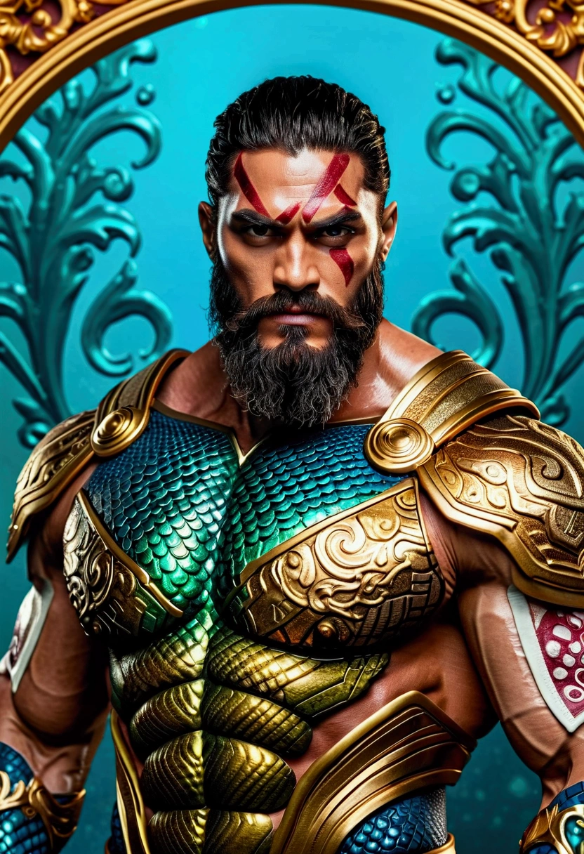 a detailed and elegant rococo style oil portrait of a beautiful "Highly detailed, hyper-realistic digital portrait of an aquaman kratos hulk fusion, 20k hd cinematic portrait, highly detailed masterpiece, iridescent glow, ultra photo realistic." with fluid and piercing blue eyes, delicate facial features, wearing an ornate pastel blue dress decorated with golden details, intricate lace patterns and floral embellishments, contrasting with a golden ornate baroque style - background framed by spiral patterns and textures, high quality , photorealistic, 4k, (best quality, 4k, 8k, high resolution, masterpiece: 1.2), ultra-detailed, (realistic, photorealistic, photorealistic: 1.37), HDR, UHD, studio lighting, ultrafine painting, Sharp Focus, Physically Based Rendering, Extremely Detailed Description, Professional, Vivid Colors, Bokeh