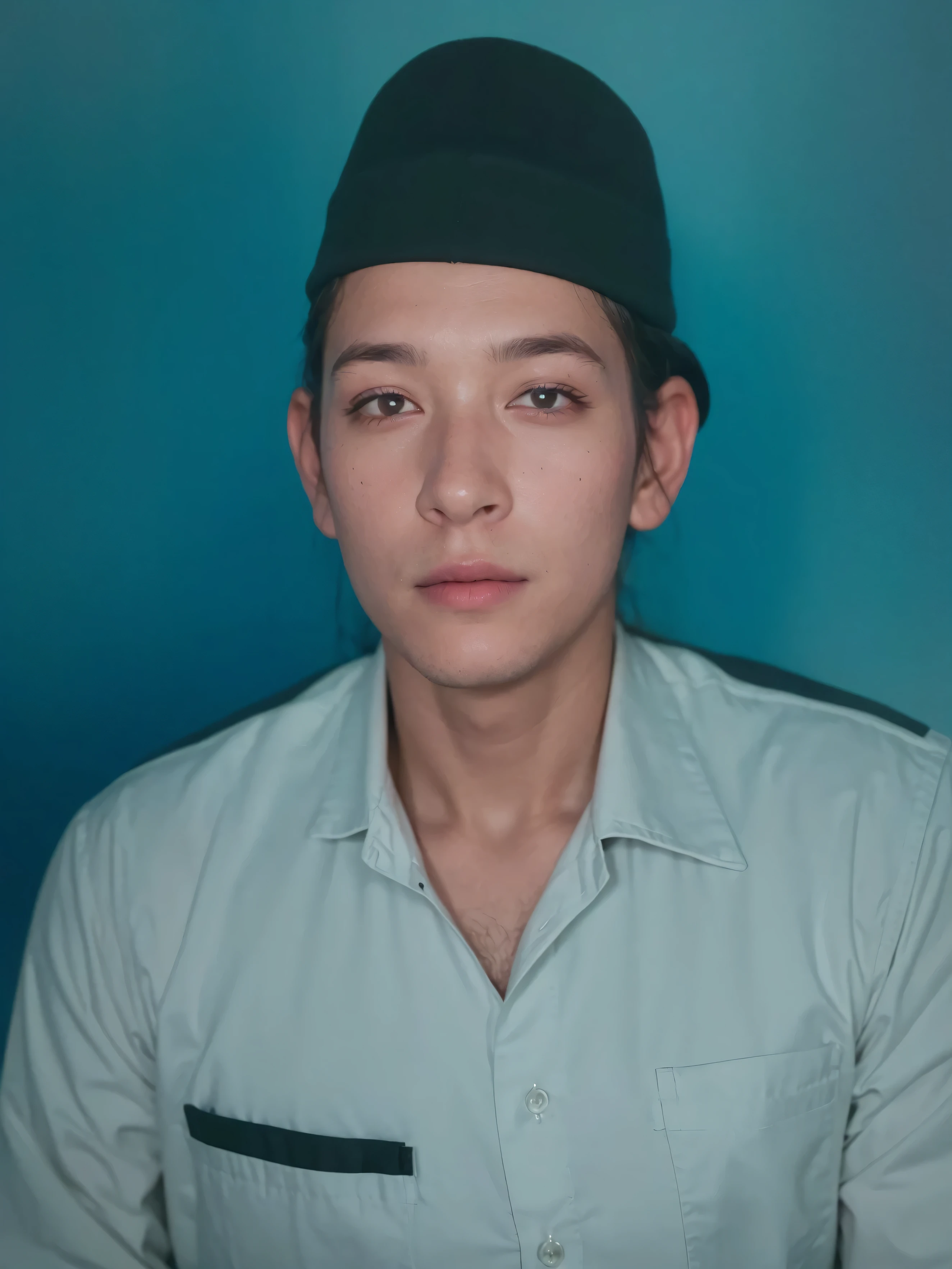 Make this photo realistic and detailed, there is a man in a white shirt and a black hat, 45 years old mancolor portrait, real life portrait, photo of a man, portrait symetrical, very detailed potrait, realistic portrait photo, close up potrait, profile portrait, very detailed face, very realistic face, very perfected face, very detailed clothes, very realistic clothes, very perfected clothes