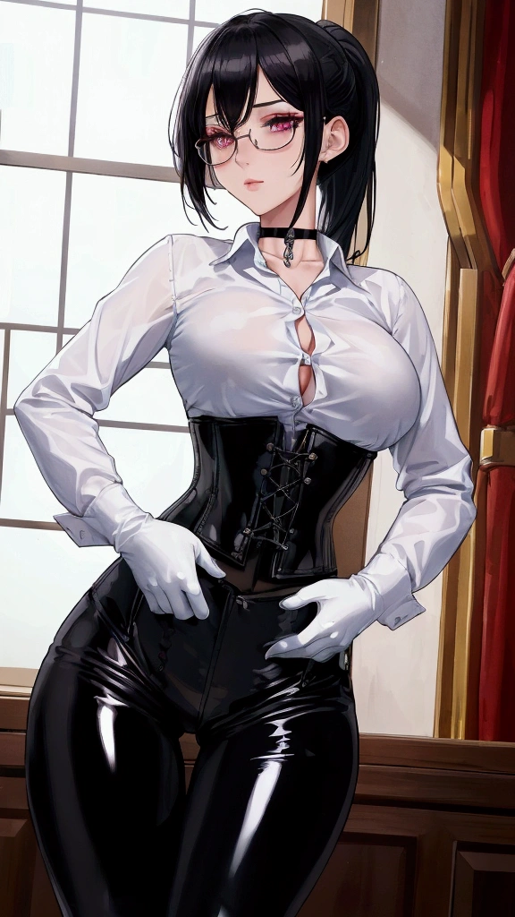 Masterpiece, Beautiful art, professional artist, 8k, Very detailed face, Detailed clothing, detailed fabric, 1 girl, View from the front, standing, hands on the hips, pose sexy, BIG BREASTS, perfectly drawn body, shy expression, pale skin, beautiful face, black hair short ponytail, 4k eyes, very detailed eyes, pink cheeks, glasses, choker:1.6, (white long sleeve button down shirt with white collar), black gloves, gloves that cover hands, (black leather corset), (shiny black leggings), Sensual Lips, show details in the eyes, Elegant living room, evening