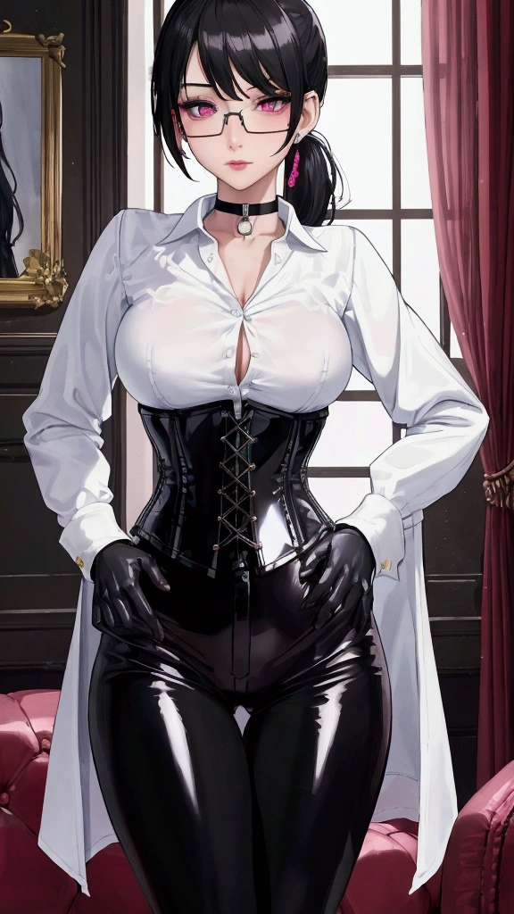 Masterpiece, Beautiful art, professional artist, 8k, Very detailed face, Detailed clothing, detailed fabric, 1 girl, View from the front, standing, hands on the hips, pose sexy, BIG BREASTS, perfectly drawn body, shy expression, pale skin, beautiful face, black hair short ponytail, 4k eyes, very detailed eyes, pink cheeks, glasses, choker:1.6, (white long sleeve button down shirt with white collar), black gloves, gloves that cover hands, (black leather corset), (shiny black leggings), Sensual Lips, show details in the eyes, Elegant living room, evening