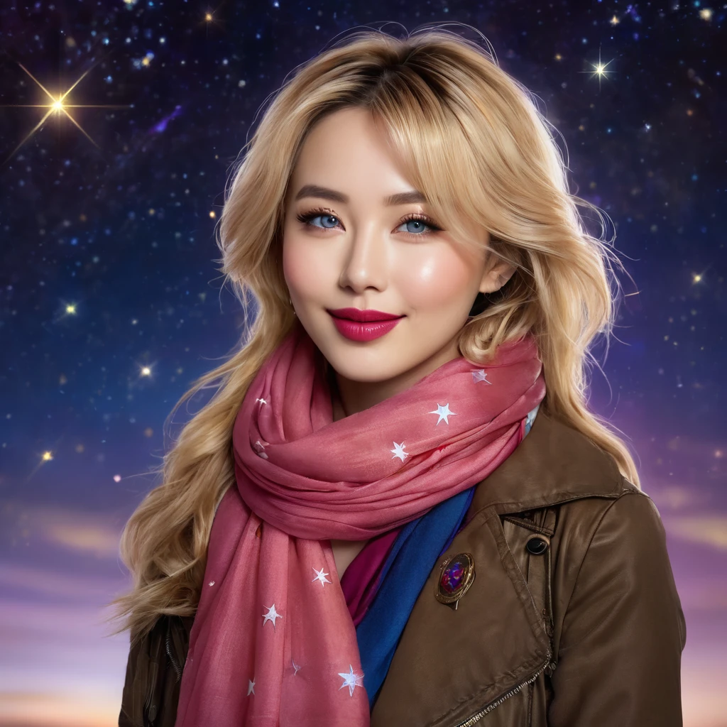 1girl, ahoge, bangs, blonde hair, blowing kiss, blue eyes, blue scarf, brown scarf, cleavage, closed mouth, eyelashes, face, floating hair, hair between eyes, heart, lips, lipstick, long hair, looking at viewer, makeup, night sky, nose, one eye closed, orange scarf, pink lips, pink scarf, portrait, purple eyes, realistic, red lips, red scarf, scarf, signature, smile, solo, space, spoken heart, star (sky), starry sky, upper body, watermark, yang xiao long, yellow scarf