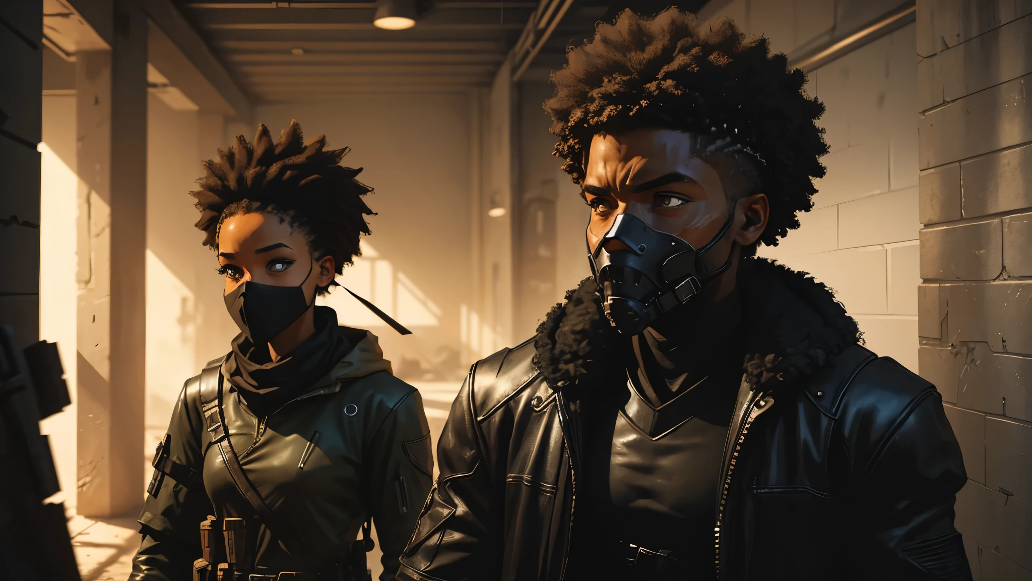  In a gritty post-apocalyptic world, an Afro-American survivor dons a sleek black stealth gear, blending seamlessly into the shadows