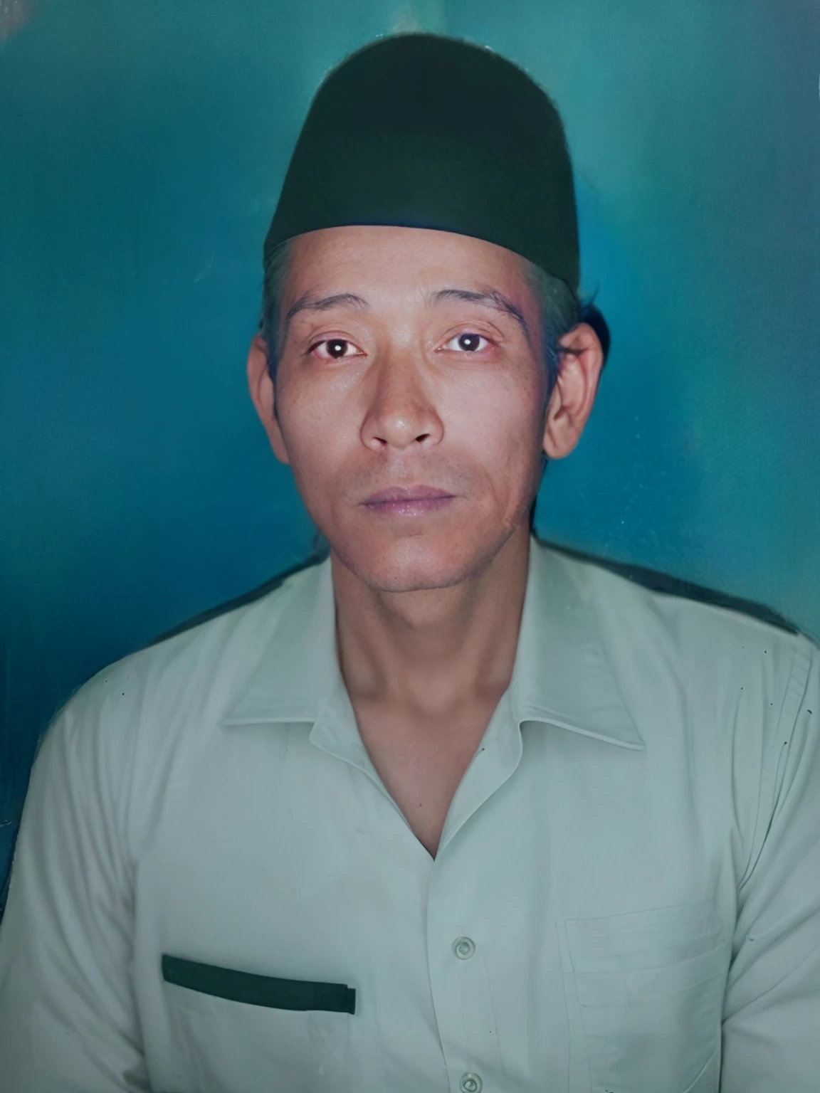 Make this photo realistic and detailed, there is a man in a white shirt and a black hat, 45 years old mancolor portrait, real life portrait, photo of a man, portrait symetrical, very detailed potrait, realistic portrait photo, close up potrait, profile portrait, very detailed face, very realistic face, very perfected face, very detailed clothes, very realistic clothes, very perfected clothes