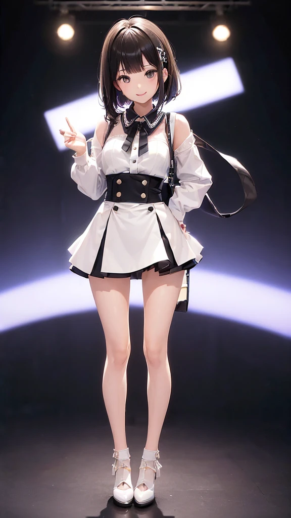 ((Full Body Shot: 1.5))、大きなsmile、Slim style、Slim, long, beautiful legs、Cute idol mini skirt、((The background is blurred and I can&#39;t see anything))、K-Pop Idol Costumes、Wearing tight kpop idol costumes, smile, （（（ＳＦＷ、sound、Highest quality、first-clasasterpiece、Normal body、8K、Detailed face、Ultra-precision、normal hand、normal finger、５finger、Highest）））、beautiful girl、Silver Hair、Odd Eye（green、black）、Shortcuts、Bobcut、High leg leotard、Colorful frill mini skirt、A bright ribbon on the right side of the head、Frill ribbon on chest、Large frill ribbon on the back、Invisible Sword、Shirai Hinako - Blue Reflection、Transform、Magical girl