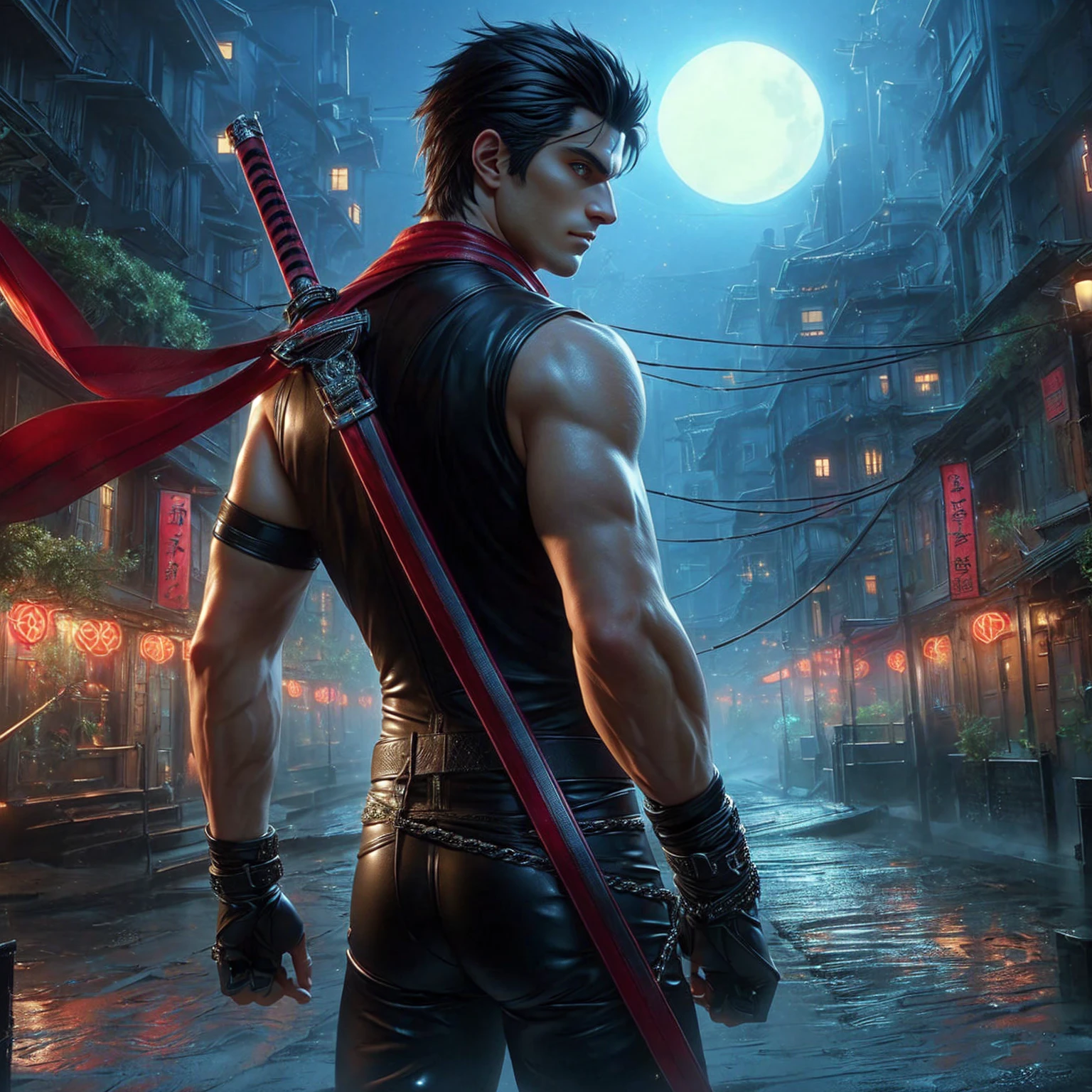 Black hair, tight black leather outfit. , , , ,Anime,Realistic man