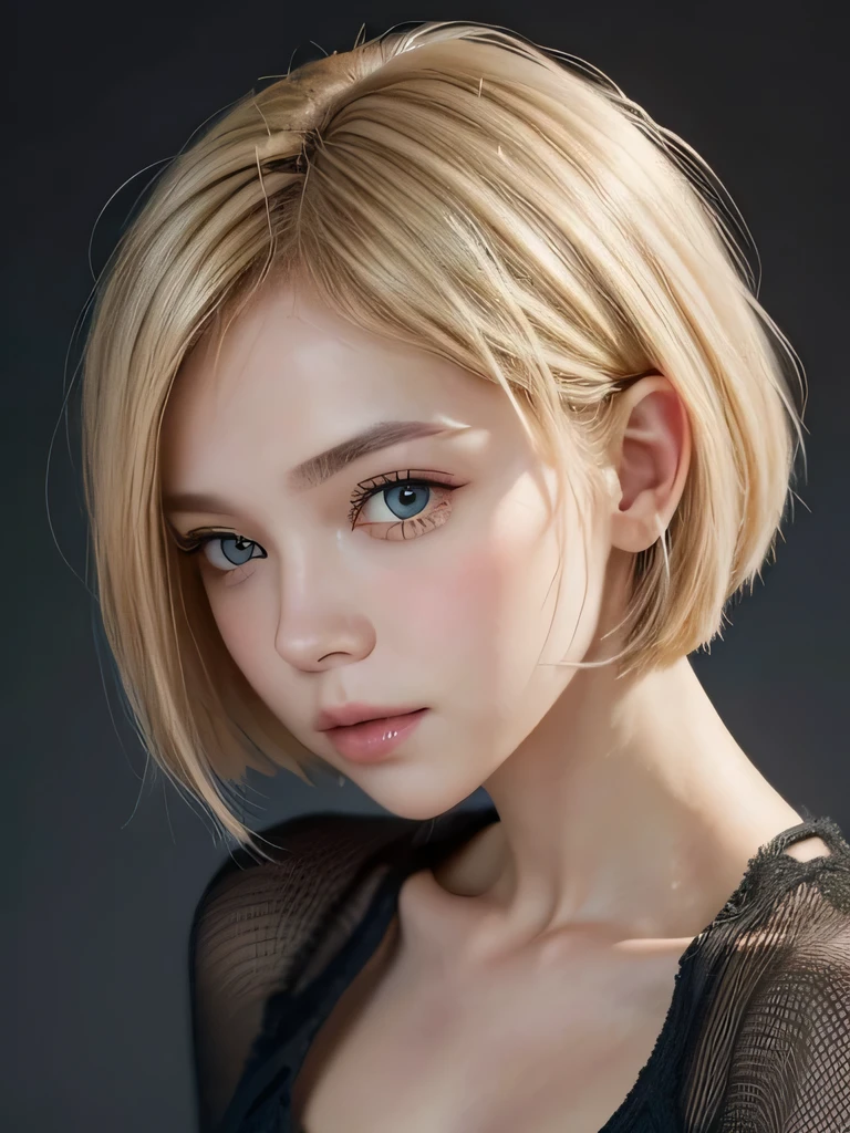 A girl with short, straight, straight bob-style blonde hair ((good quality)) ((1womanl))