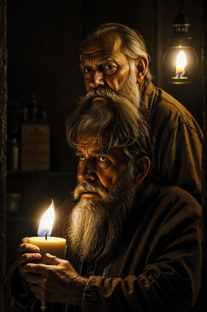 Face of a homeless and dirty old man with a big beard illuminated by a candle in a dark room with a lot of detail humble man style baroque painting by Diego Velázquez