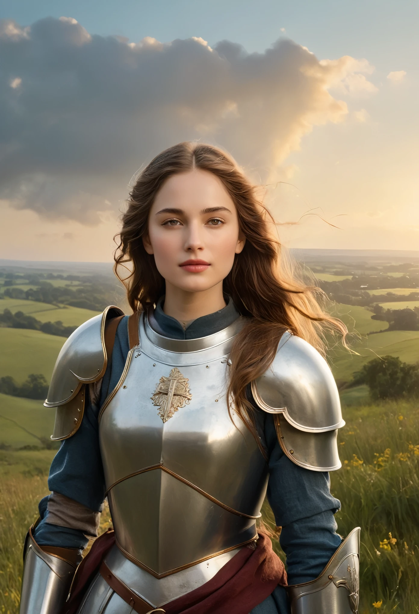 (best quality, 4k, 8k, highres, masterpiece:1.2), ultra-detailed, (realistic, photo realistic,photo-realistic:1.37),
Joan of Arc stands in a serene moment of contemplation, her delicate features framed by the soft, golden light of dawn. Her face is youthful and serene, with high cheekbones, gentle eyes that convey both vulnerability and unwavering faith, and lips that form a slight, determined smile. There is a subtle, almost otherworldly glow to her skin, emphasizing her divine inspiration.
Her long, wavy hair, the color of chestnut, cascades down her back, free from the confinement of a helmet. A few loose strands gently flutter in the breeze, adding to her ethereal appearance. She is dressed in a simple yet elegant suit of armor, its polished surface reflecting the morning light. The armor, though functional, is beautifully crafted, with delicate engravings of lilies and religious symbols that speak to her holy mission.
In one hand, she holds a slender, elegant sword, its blade shining with an inner light. The sword is both a weapon and a symbol of her divine purpose. In her other hand, she lightly grasps a banner, the flag of France, its fabric gently waving in the soft breeze. The banner is pristine, its vibrant colors a stark contrast to the somber tones of the battlefield in the distance.
Joan stands on a hill overlooking the battlefield, a look of serene determination on her face. The landscape around her is tranquil, with the early morning mist rising from the ground and the first rays of sunlight breaking through the clouds. In the background, the distant sounds of battle are muted, creating a poignant contrast between the chaos of war and the calm resolve of this young heroine.