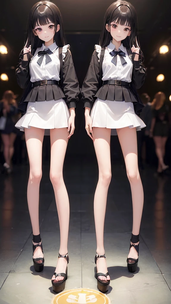 ((Full Body Shot: 1.5))、大きなsmile、Slim style、Slim, long, beautiful legs、Cute idol mini skirt、((The background is blurred and I can&#39;t see anything))、K-Pop Idol Costumes、Wearing tight kpop idol costumes, smile, （（（ＳＦＷ、sound、Highest quality、first-clasasterpiece、Normal body、8K、Detailed face、Ultra-precision、normal hand、normal finger、５finger、Highest）））、beautiful girl、Silver Hair、Odd Eye（green、black）、Shortcuts、Bobcut、High leg leotard、Colorful frill mini skirt、A bright ribbon on the right side of the head、Frill ribbon on chest、Large frill ribbon on the back、Invisible Sword、Shirai Hinako - Blue Reflection、Transform、Magical girl