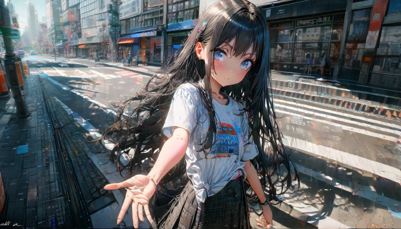 One girl, Black and long straight hair, Sharp Hair, (((Extending his right hand to the viewer))), Facial Contour, Recall, skirt,T-Shirts,skirt, In the city, On the sidewalk, noon, bright, High resolution, Very delicate, Super detailed, 8K