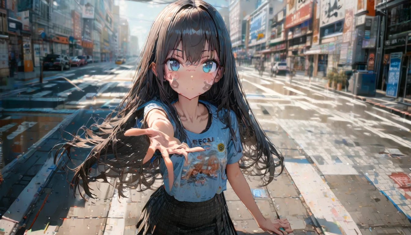 One girl, Black and long straight hair, Sharp Hair, (((Extending his right hand to the viewer))), Facial Contour, Recall, skirt,T-Shirts,skirt, In the city, On the sidewalk, noon, bright, High resolution, Very delicate, Super detailed, 8K