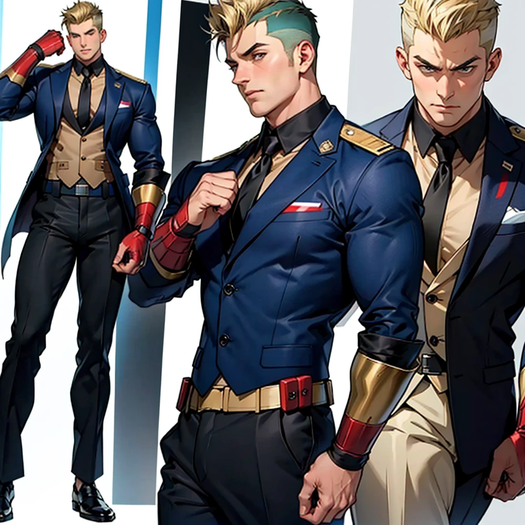 A model sheet of a muscular adult Captain America, short blonde quiff hair, shaved neck, wears a light beige suit-style outfit, dark blue blouse underneath and black tie, black pants and black shoes, Using detailed gauntlets, in different poses, various face angles, Facial expressions, 8k quality.