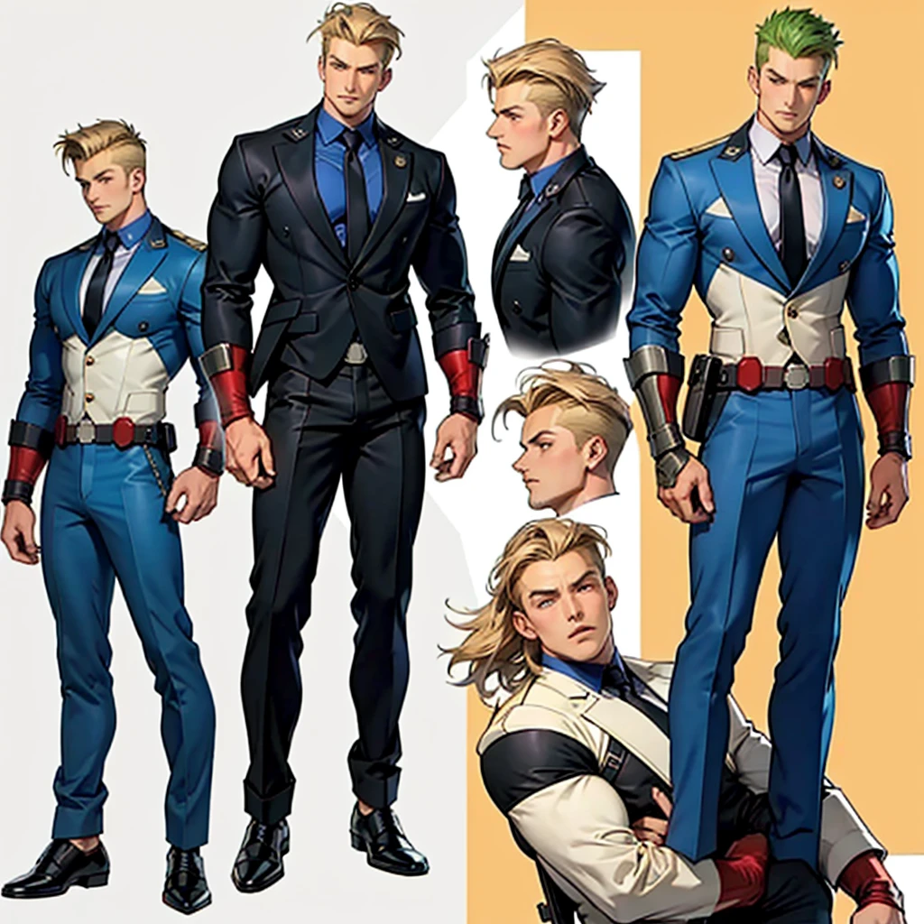 A model sheet of a muscular adult Captain America, short blonde quiff hair, shaved neck, wears a light beige suit-style outfit, dark blue blouse underneath and black tie, black pants and black shoes, Using detailed gauntlets, in different poses, various face angles, Facial expressions, 8k quality.