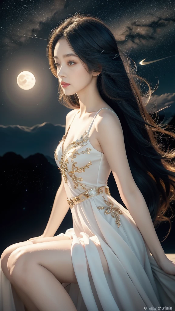 Close-up of a girl,gorgeous dress,sitting,on the moon,detailed background of the moon,Moon Goddess,Beautiful Celestial Mage,Goodness of Heaven, Celestial Fairy,very Beautiful fantasy art,8k high quality detailed art,medium straight bob hair,slim,thin,flat chest,small breasts,best quality,masterpiece,upper body,starry sky,night scene