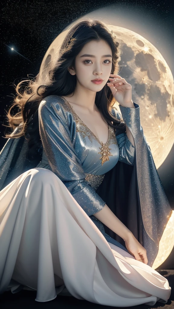 Close-up of a girl,gorgeous dress,sitting,on the moon,detailed background of the moon,Moon Goddess,Beautiful Celestial Mage,Goodness of Heaven, Celestial Fairy,very Beautiful fantasy art,8k high quality detailed art,medium straight bob hair,slim,thin,flat chest,small breasts,best quality,masterpiece,upper body,starry sky,night scene