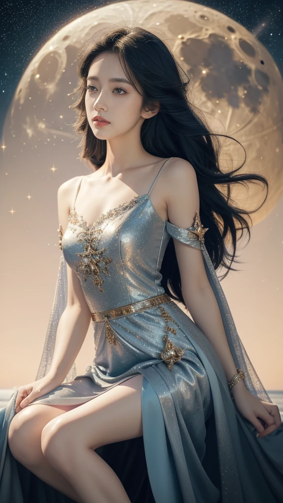 Close-up of a girl,gorgeous dress,sitting,on the moon,detailed background of the moon,Moon Goddess,Beautiful Celestial Mage,Goodness of Heaven, Celestial Fairy,very Beautiful fantasy art,8k high quality detailed art,medium straight bob hair,slim,thin,flat chest,small breasts,best quality,masterpiece,upper body,starry sky,night scene