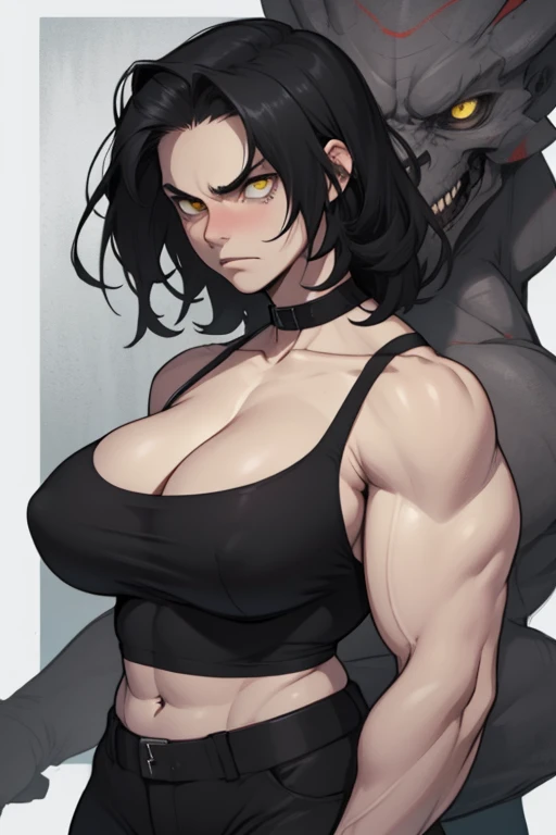 giant muscles pale skin black hair yellow eyes angry sad sad sad girl massive breasts