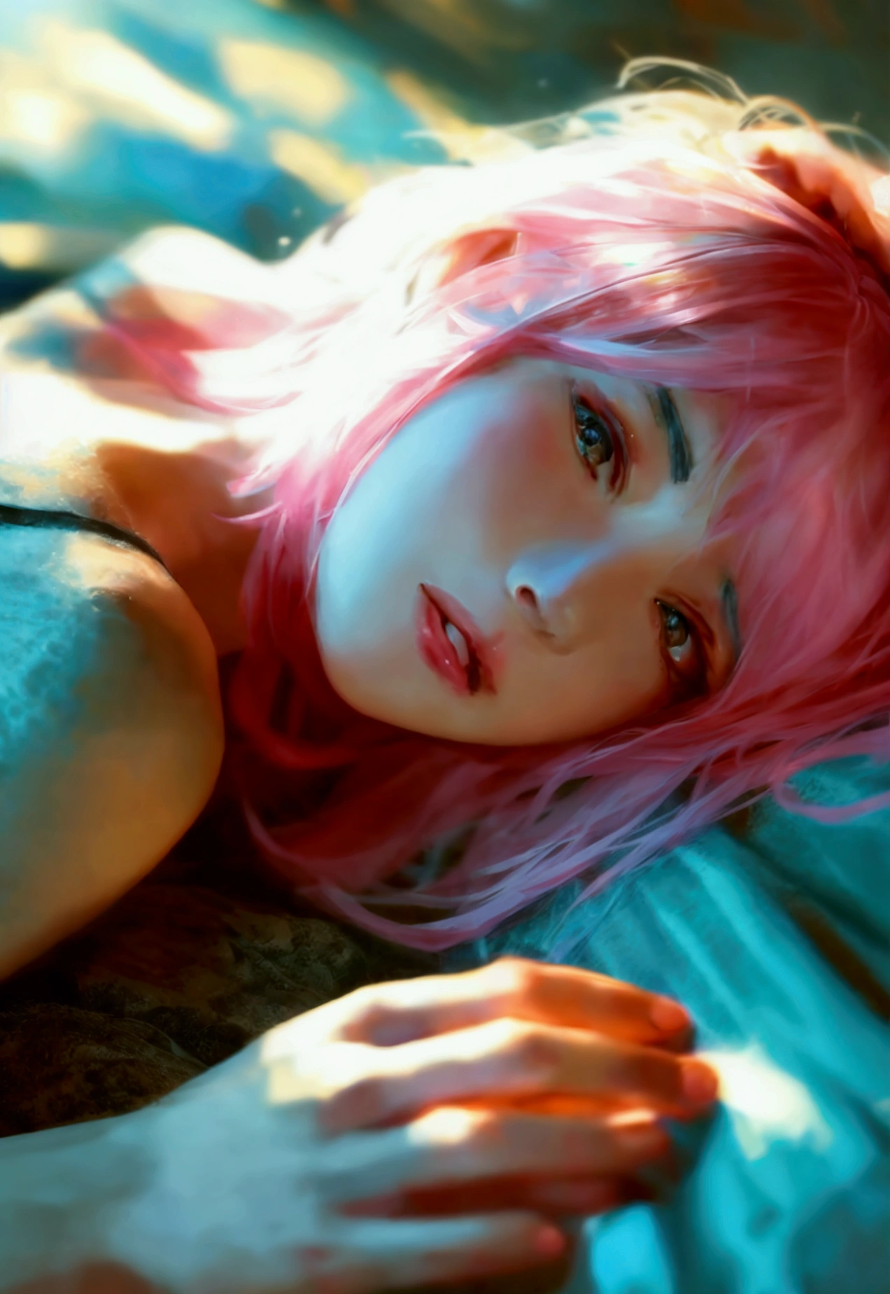 Naked woman, laying rising hand, pink hair