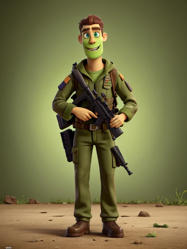 A crazy cookie character six feet tall, green eyes, he's in the army, uses an assault rifle